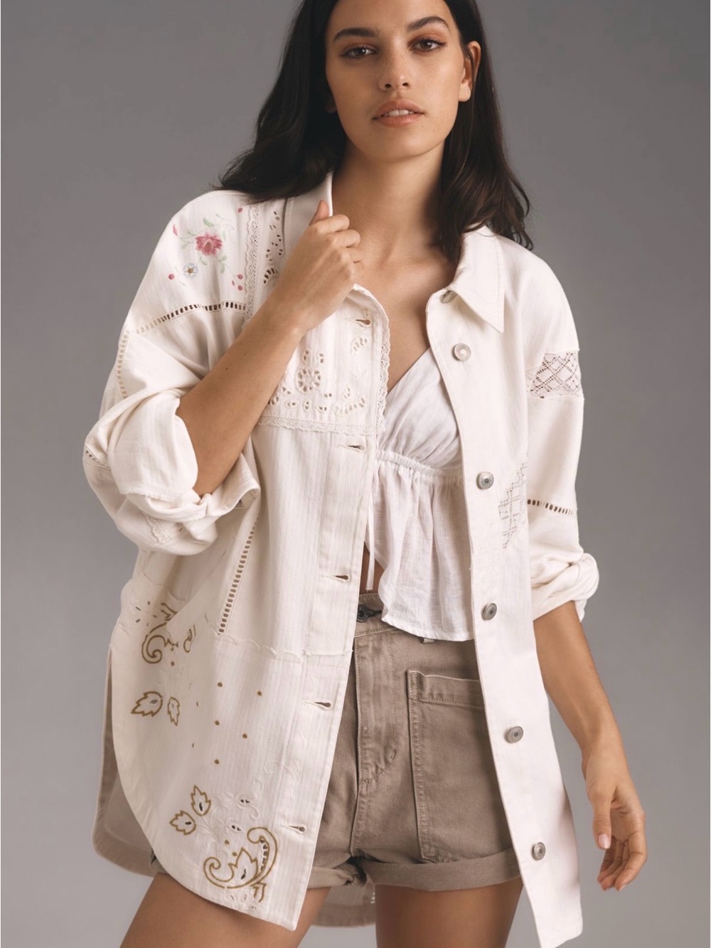 Anthropologie Cream Embroidered Button-Up Jacket